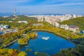 Aerial view of 83 Tower behind an artificial lake in Daegu, Republic of Korea