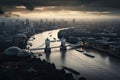 Aerial view of Tower Bridge and London skyline at sunset, UK, Aerial view of London and the River Thames, AI Generated Royalty Free Stock Photo