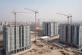 Aerial view tower cranes construction. Generate ai