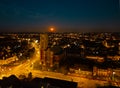 Aerial view of the tower and Holy Trinity church Southport at night with moon rise