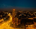 Aerial view of the tower and Holy Trinity church Southport at night with moon rise