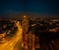 Aerial view of the tower and Holy Trinity church Southport at night with moon rise