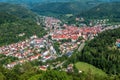 Aerial view of town of Bad Urach, Germany. Panorama of small city in Swabian Alps, inhabited locality in Baden-Wurttemberg Royalty Free Stock Photo