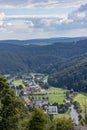 Aerial view, town of Bourscheid with its houses between a country road and the river