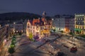 Aerial view of Town Hall at dusk in Nowa Ruda, Poland