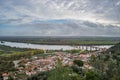 Aerial view of the town of SantarÃ©m and D. LuÃ­s I bridge over the Tagus river, PORTUGAL