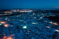 Aerial View Of Town Skyline Winter Night. Snowy Landscape Cityscape Skyline