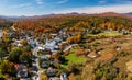 Aerial view of the town of Stowe in the fall Royalty Free Stock Photo