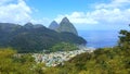 Aerial view of the town and twin peaks of Soufriere in St Lucia