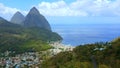 Aerial view of the town and twin peaks of Soufriere in St Lucia