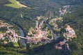 Aerial view of town Vranov Nad Dyji with castle and river Dyje in South Moravia, Czech Republic.