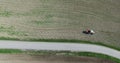 aerial view, Tractor and Seeder a Field in summer