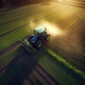 Aerial view of tractor spraying fertilizer on field