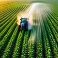 Aerial view of Tractor Spraying Pesticides on Green Soybean Plantation at