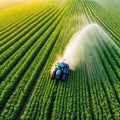 Aerial view of Tractor Spraying Pesticides on Green Soybean Plantation at