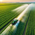 Aerial view of Tractor Spraying Pesticides on Green Soybean Plantation at