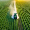 Aerial view of Tractor Spraying Pesticides on Green Soybean Plantation at