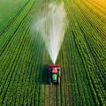 Aerial View of Tractor Spraying Pesticides on Green Soybean Plantation at Sunset Drone View