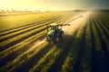 Tractor spray fertilizer on green field drone high angle view, agriculture background concept