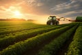 Tractor spray fertilizer on green field drone high angle view, agriculture background concept