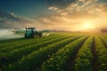 Tractor spray fertilizer on green field drone high angle view, agriculture background concept