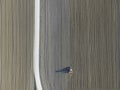 Aerial view of a tractor working in an agricultural field at sunset near Aquileia, Udine, Friuli Venezia Giulia, Italy Royalty Free Stock Photo