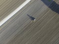 Aerial view of a tractor working in an agricultural field at sunset near Aquileia, Udine, Friuli Venezia Giulia, Italy Royalty Free Stock Photo