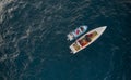 Aerial view of traditional fishing boat in Caraballeda with crystal clear turquoise sea, La Guaira, Venezuela. Royalty Free Stock Photo