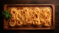 Aerial View Of Traditional Italian Spaghetti On Wooden Tray