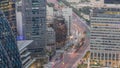 Aerial view of traffic on Al Saada street in financial district day to night timelapse in Dubai, UAE. Royalty Free Stock Photo