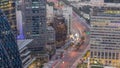 Aerial view of traffic on Al Saada street in financial district day to night timelapse in Dubai, UAE. Royalty Free Stock Photo