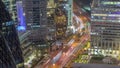 Aerial view of traffic on Al Saada street in financial district night timelapse in Dubai, UAE. Royalty Free Stock Photo