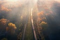 Aerial view of train in beautiful forest in fog at sunrise Royalty Free Stock Photo