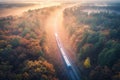 Aerial view of train in forest in fog at sunrise in autumn Royalty Free Stock Photo