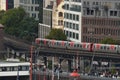 Aerial view of the train passing on the bridge in the Hamburg harbor district Royalty Free Stock Photo