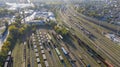 Aerial view of Train and railway tracks. Aerial view of diesel locomotive Train and railway tracks - top view