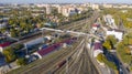 Aerial view of Train and railway tracks. Aerial view of diesel locomotive Train and railway tracks - top view