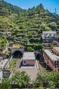 Aerial view of the train station platform and tunnels connecting the Cinque Terre, Vernazza ITALY Royalty Free Stock Photo