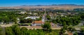 Trees border the Depot with city of Boise Idaho backdrop Royalty Free Stock Photo