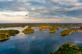 Aerial view of Trakai Island Castle and its surroundings, located in Trakai, Lithuania. Beautiful view from the above on summer