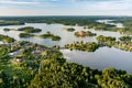 Aerial view of Trakai Island Castle and its surroundings, located in Trakai, Lithuania. Beautiful view from the above on summer