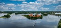 Aerial view of Trakai, over medieval gothic Island castle in Galve lake. Royalty Free Stock Photo