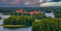 Aerial view of Trakai, over medieval gothic Island castle in Galve lake. Royalty Free Stock Photo