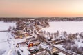 Aerial view of Trakai town, known for Trakai Island Castle. Snow covered frozen Galve lake on sunny winter sunrise Royalty Free Stock Photo