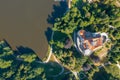 Aerial view of Trakoscan castle surrounded by the lake and forested hills Royalty Free Stock Photo