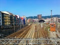 Aerial view of Tran station against the cityscape of Bilbao Royalty Free Stock Photo