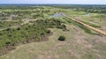 Aerial view of Transpantaneira crossing typical landscape of Pantanal Wetlands, Mato Grosso, Brazil