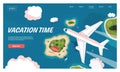 Aerial view travel landing. Cartoon plane and aircraft flying above sea, ocean and beach, tourist flight vector concept Royalty Free Stock Photo