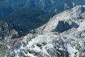 Aerial view of Triglav mountain peak and alpine climbers by bivouac
