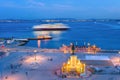 evening Lisbon embankment, cruise liner